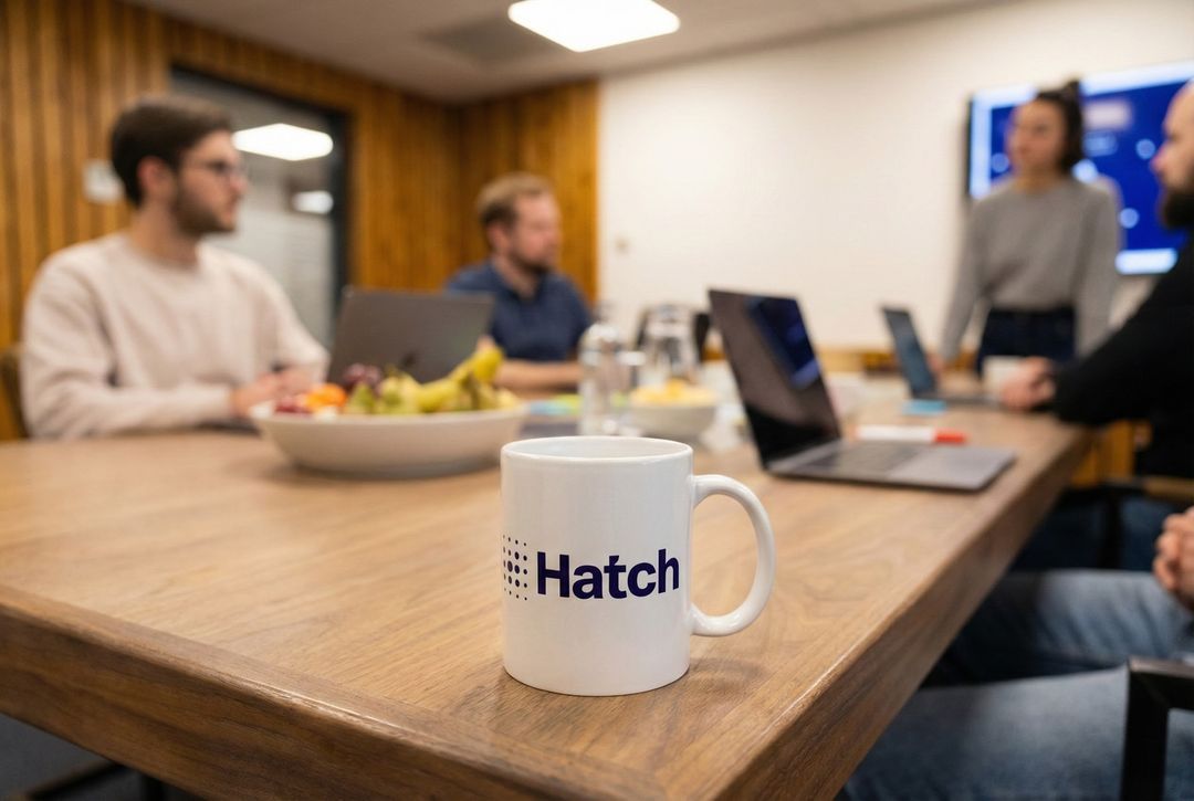 Een Hatch-mok op de vergadertafel, op de achtergrond collega's in overleg