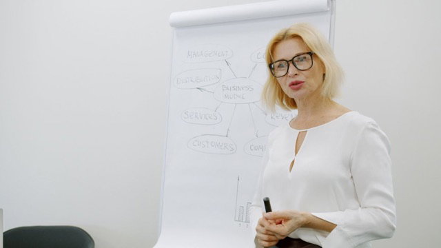 Adviseur presenteert een businessmodel aan collega’s